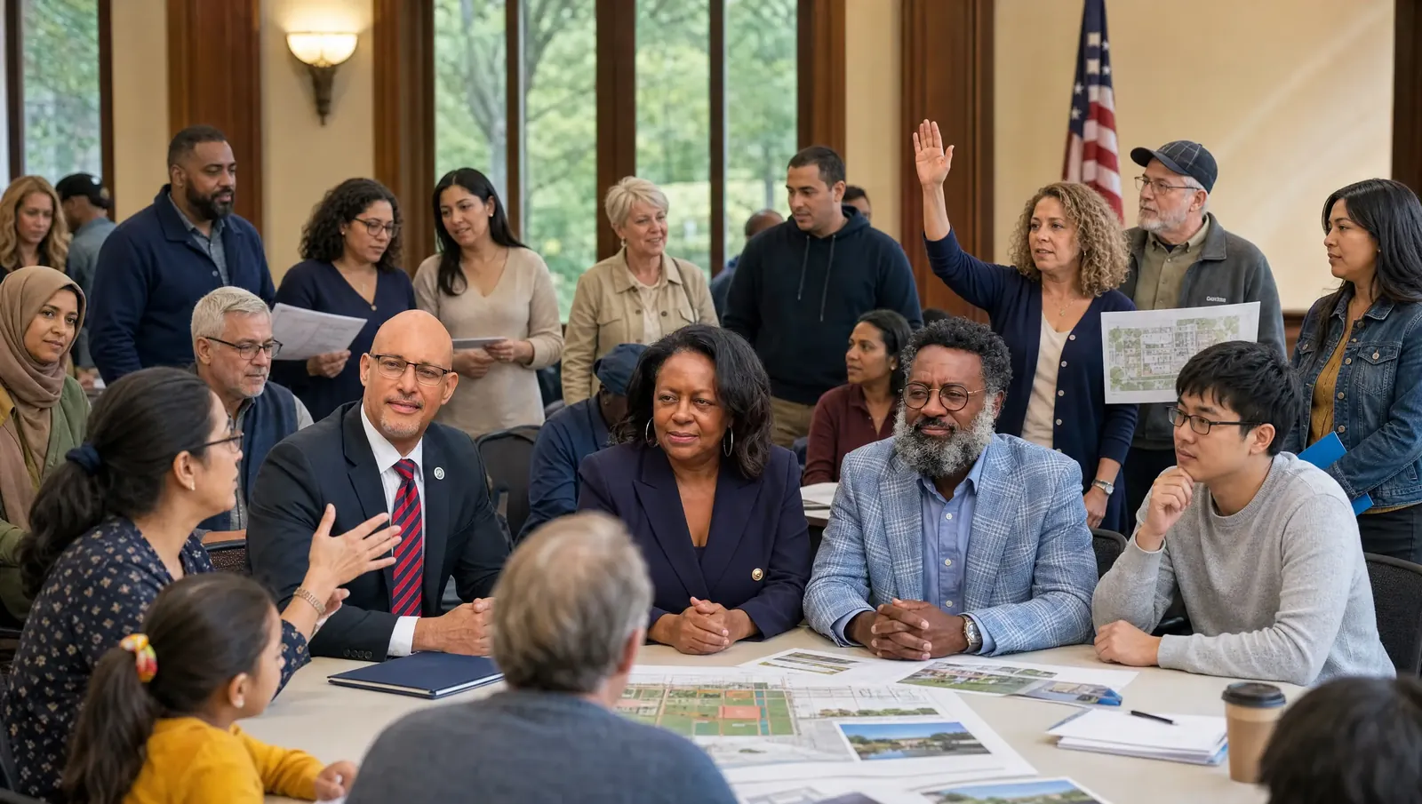 Community members in discussion around a table