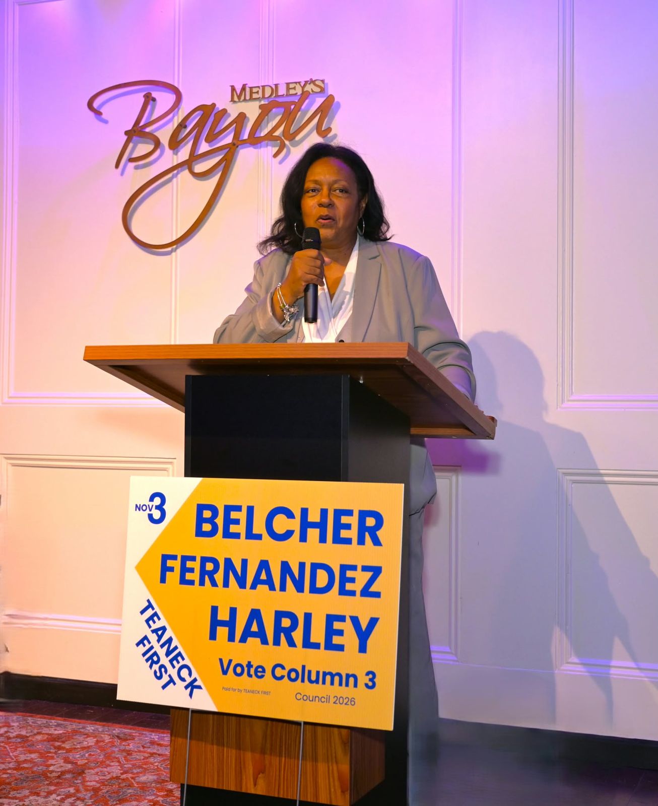 Deputy Mayor Denise Belcher addressing supporters