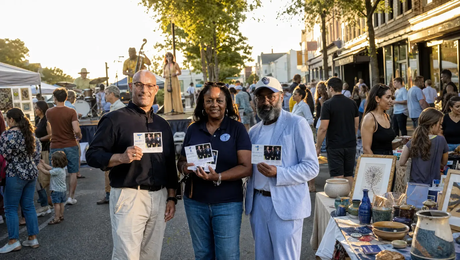 Community members holding up posters at a local arts event