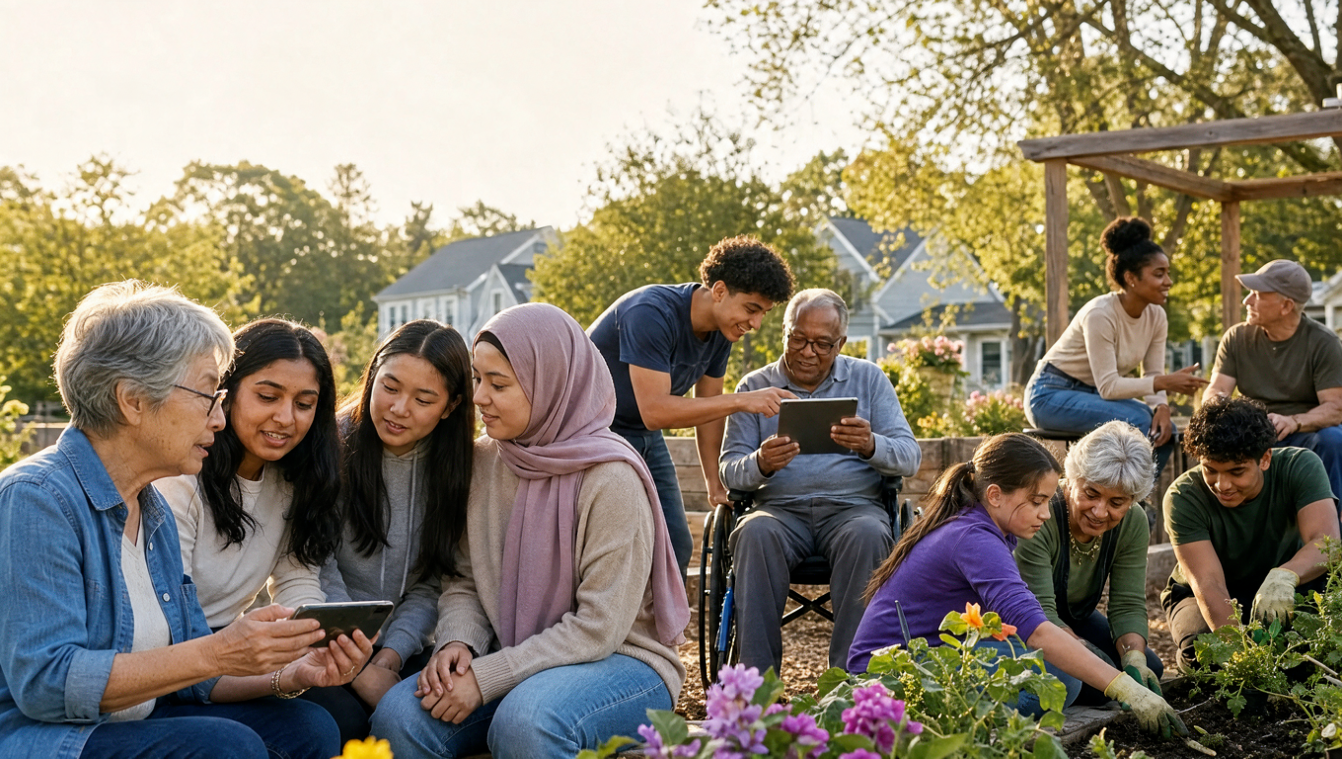 Vecinos de diferentes generaciones sentados juntos en un jardín