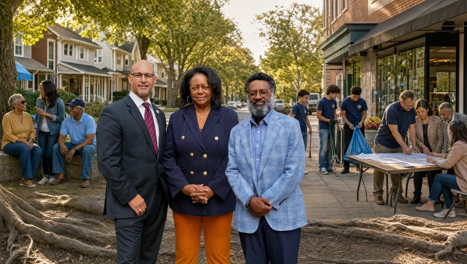 The Teaneck First team with neighbors outdoors